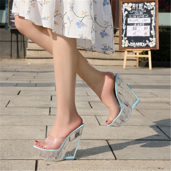 

summer 14cm ultra-high heel cool slippers high transparent slope crystal waterproof platform open-toed sandals women black