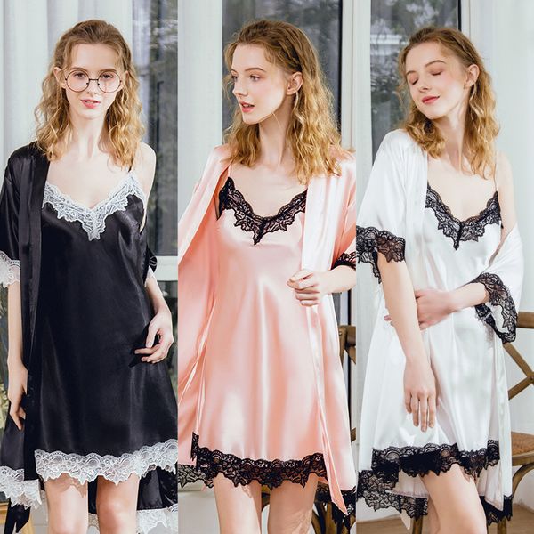 

summer simulation silk pajamas sling robe two-piece suit home service robe lingerie set womens and blouses silk set, Black;red