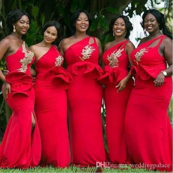 

красный одно плечо русалка длинные платья невесты аппликация атласная side split элегантный горничной невесты вечерние платья bridesmaid пла, White;pink