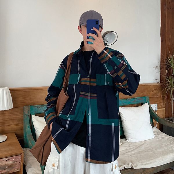 

men's shirt new autumn 2019 checked patchwork print long-sleeve shirt loose casual lapel personality young men's wear, White;black