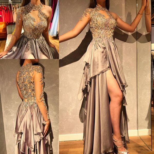 

luxurious lace beaded evening dresses 2020 high neck arabic aso ebi style long sleeve chiffon split evening pageant formal gowns, Black;red