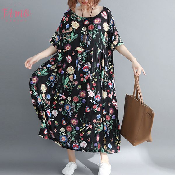 

новое прибытие 2019 летняя мода плюс размер платья 4xl 5xl 6xl 7xl женщины v neck printed большой размер платья сыпучие длинные платья, Black;gray