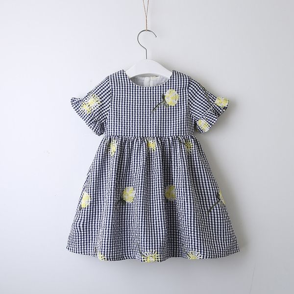 

INS hot selling summer girl kids Plaid Flower Embroidery kids O-neck Short sleeve elegant dress