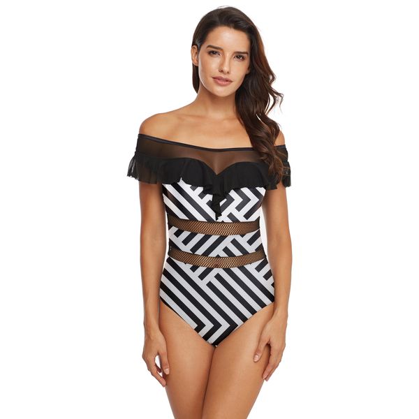 

wholesale women's one piece swimwear mesh cutout off shoulder summer swimsuit lace gathered bathing suit stripe, White;black