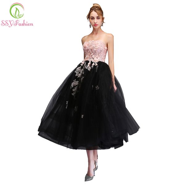 

ssyfashion new sweet pink with black evening dress strapless sleeveless lace appliques -length party gown formal dresses, White;black