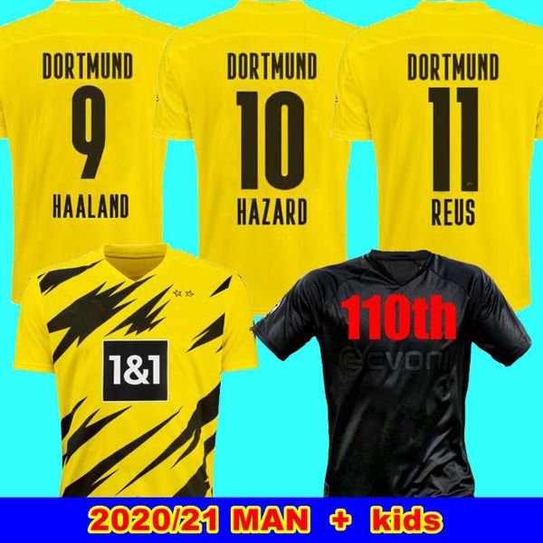 

haaland reus borussia 20 21 dortmund soccer jerseys 2020 2021 football shirt 110th sancho reus hummels brandt men + kids kit maillot de foot, Black;yellow