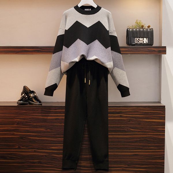 

autumn winter women warm tracksuit matching set outfit two piece o neck loose knitted sweater and slim harem pant plus size suit, White
