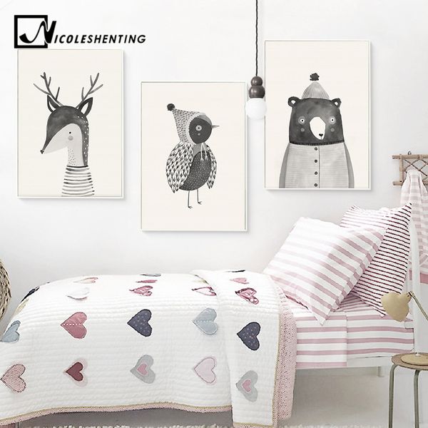 

woodland animal deer bear wall art canvas nordic posters nursery prints for baby room painting picture kids bedroom decoration