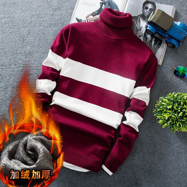 

2019 new brand casual thick warm men sweater turtleneck slim fit knitting men's christmas sweaters striped fleece pullover men, White;black