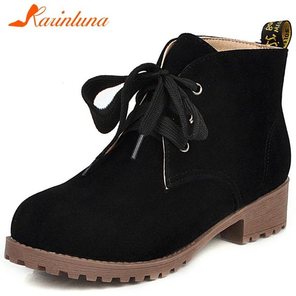 

karin ladies lace-up med chunky heels boots comfort low platform boots women concise solid ankle shoes woman, Black