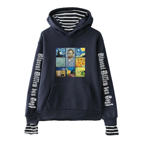 

new arrival women's cartoon printed van gogh and mona lisa hoodies sweatshirt long sleeve graphic hoodies stitching striped fashion, Black