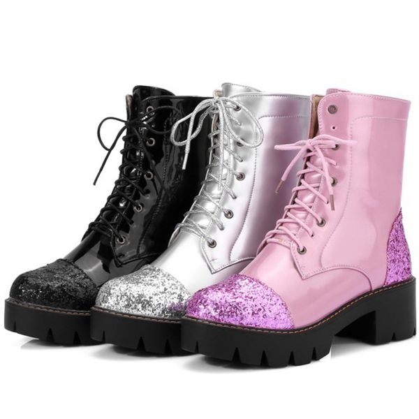 

women's boots sequin patchwork patent leather ankle boots for women winter chunky heels platform shoes woman botas mujer, Black