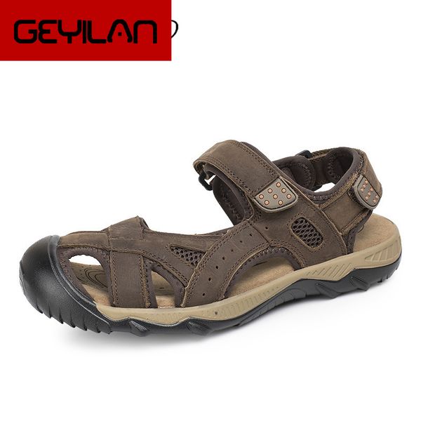 

48 big size genuine leather men sandals shoes hook loop fashion summer male shoe 2019 new toe closed mesh sandals, Black