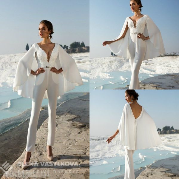

chic wedding jumpsuits with wrap deep v neck lace appliqued ankle length beach wedding dress satin custom made bohemian robes de mariÃ©e, White
