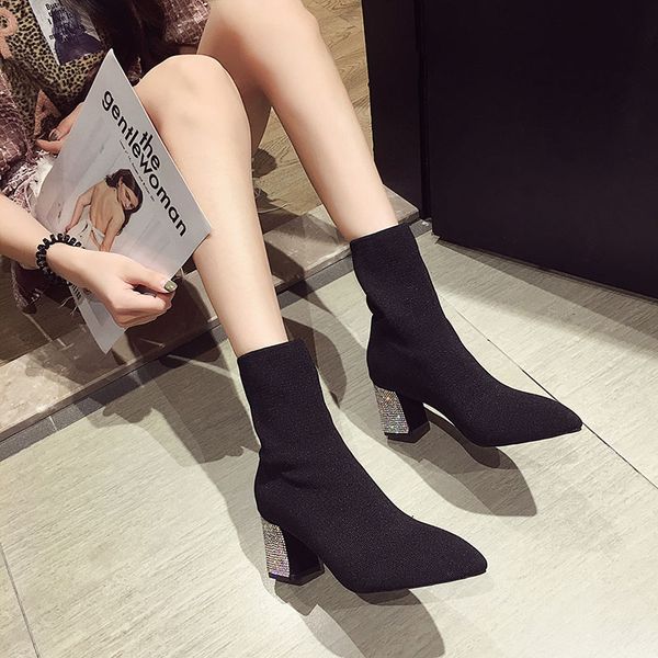 

stretch socks boots crystal chunky knitted ankle booties pointed toe back zipper botas slim short botines winter female, Black