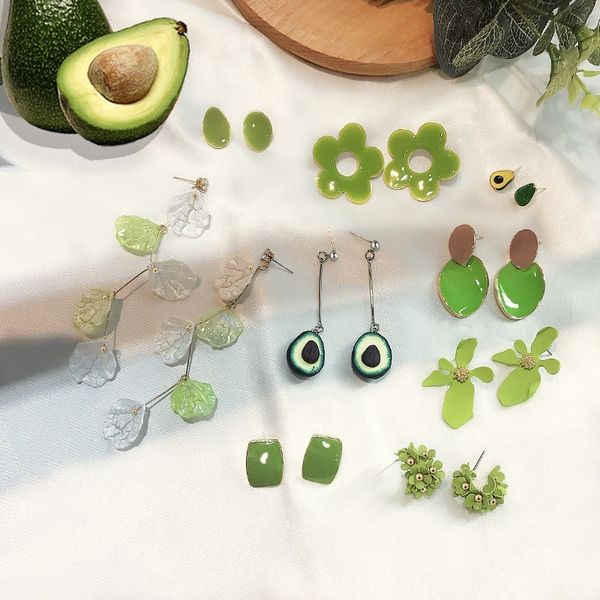 

needle avocado earrings female japanese and korean green flower fruit series earrings web celebrity stud, Golden;silver