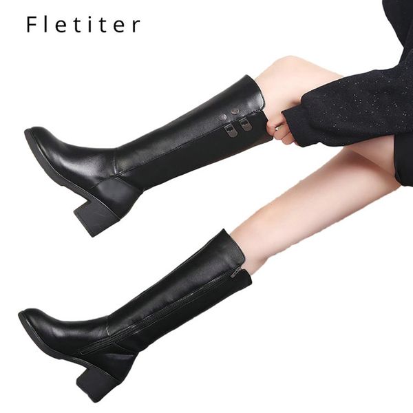 

fletiter knee high boots for woman winter autumn leather black back zip plush womens thigh high boots fashion ladies shoes