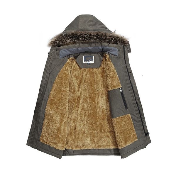 

winter mens warm fur lining parka fur collar hoody mid long jacket plus size 7xl windbreaker overcoat safari style man parkas, Black