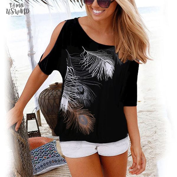 

women casual summer t shirt 2020 batwing sleeve loose off shoulder feather print tee shirt oversize t shirt 5xl, White