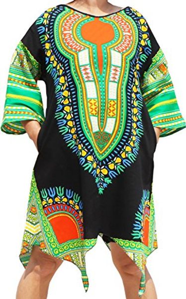 

raanpahmuang brand afrikan dashiki sac dress pointed arrow hem pockets black, Black;gray