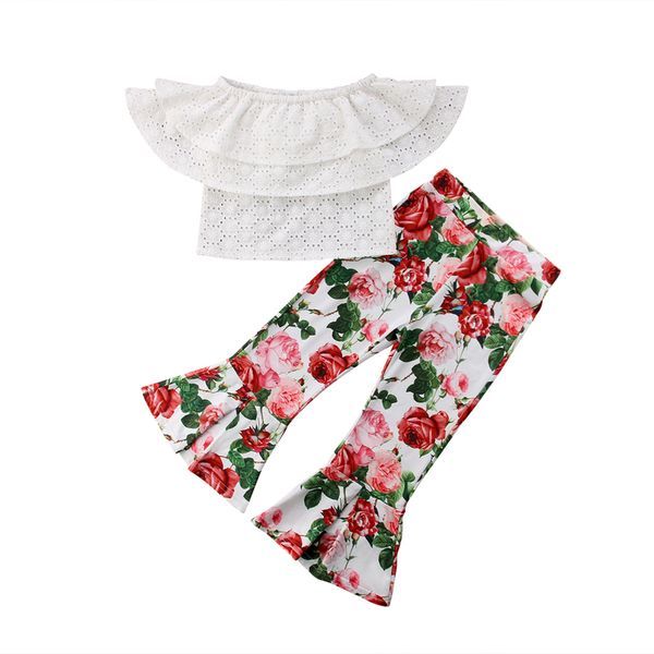 

2018 sweet pretty summer toddler baby girls 2pcs sets off shoulder short sleeve lace white t-shirts floral print flare pant