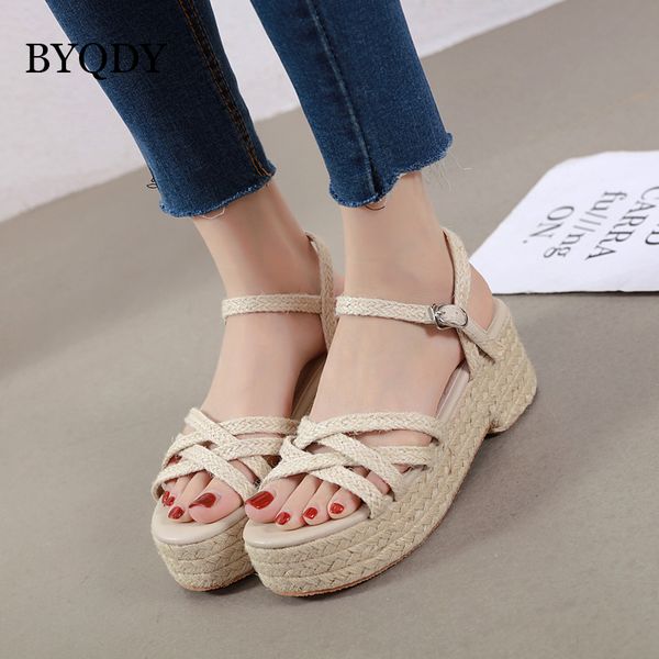 

byqdy platform straw rope roman sandals elastic band casual shoes grass woven leisure high heels open toe buckle strap shoe, Black