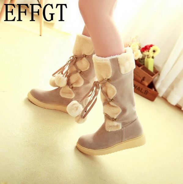 

effgt 2019 fashion women mid-calf flat boots suede hairball round toe slip-on women shoes keep warm middle tube snow boots z289, Black