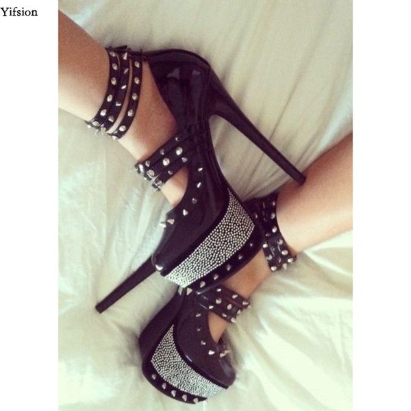 Olomm 2019 New Women Platform Platform Bombas Sexy Rebites Stiletto Saltos Altos Bombas Redonda Toe Sapatos de Partido Preto Mulheres Plus Tamanho 5-15