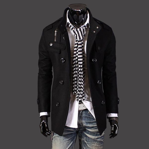 

fashion spring and autumn double-row buckle stand collar medium and long style windbreake winter trench coat men, Tan;black