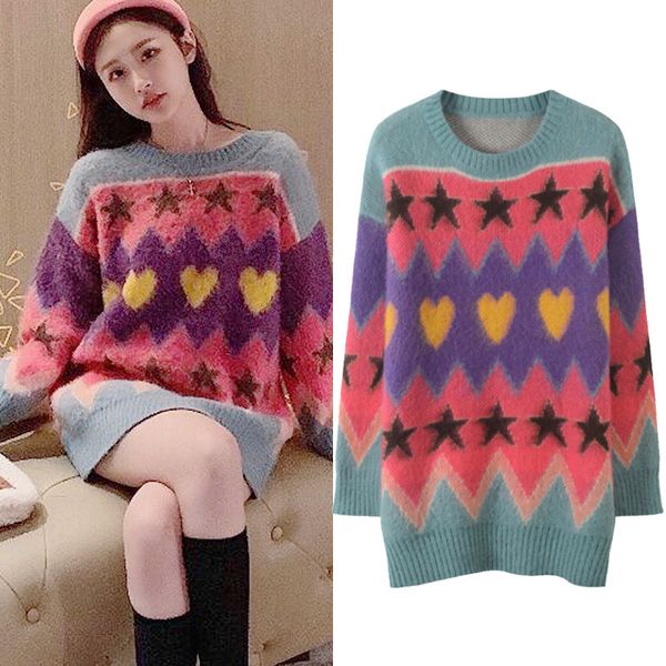

new han edition port flavor contrast color spot the new winter love pentagram coat loose more mohair sweaters, White;black