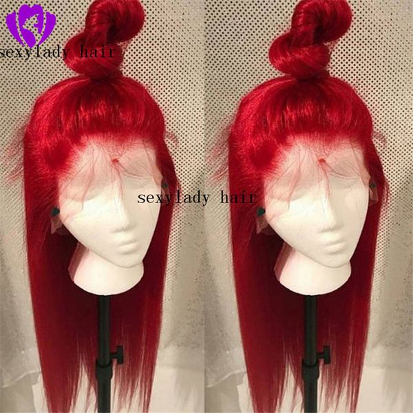 Parrucche frontali in pizzo sintetico resistente al calore di colore rosso neon naturale lungo e serico naturale parrucche per trucco per feste cosplay