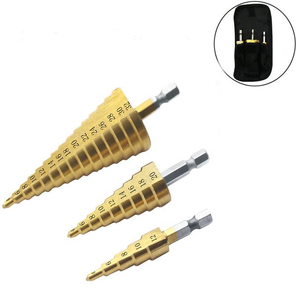 

3pcs drill bits hss steel cone drills metric spiral flute pagoda shape hole cutter 4-12/20/32mm step drill sharpening tool