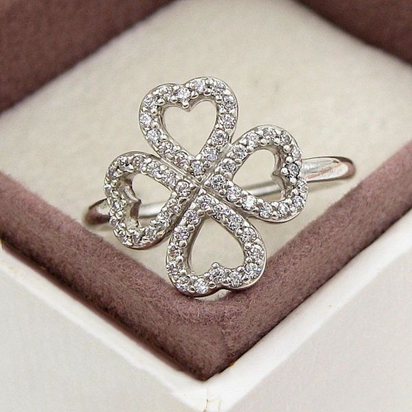 

wholesale-romantic lucky clover ring for pandora 925 sterling silver cz diamond lady lucky ring with box birthday gift, Slivery;golden