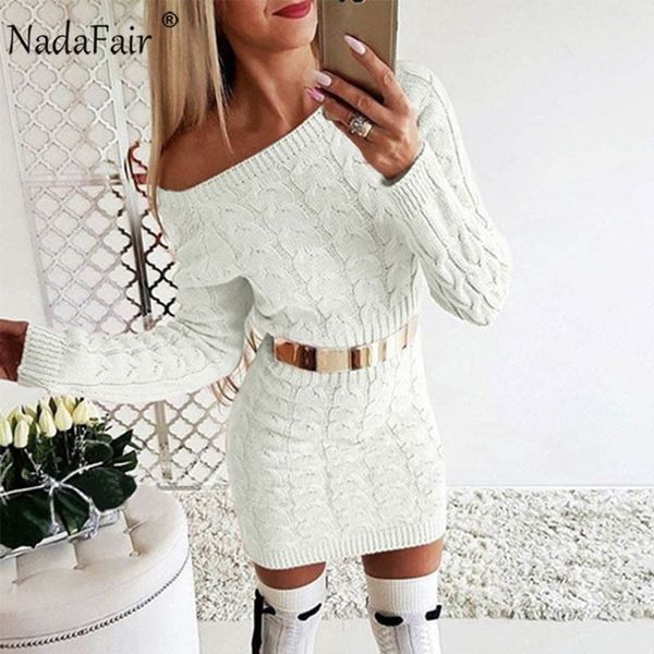 

nadafair вязаная теплый свитер платье женщины vestidos розовый черный bodycon mini с длинным рукавом белая осень зима платье женщина, Black;pink