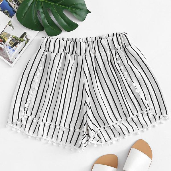 

summer shorts women with tassels 2019 fashion women stripe elastic waist beach high waist shorts casual mini short feminino jun6, White;black