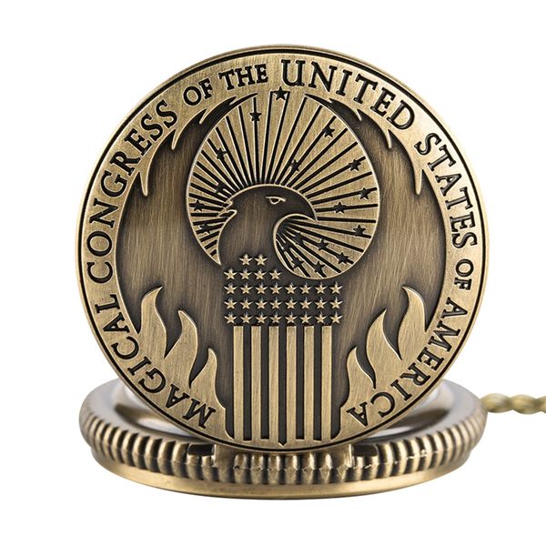 

fantastic beasts and where to find vintage quartz pocket watch magical congress of the united states of america necklace pendant, Slivery;golden