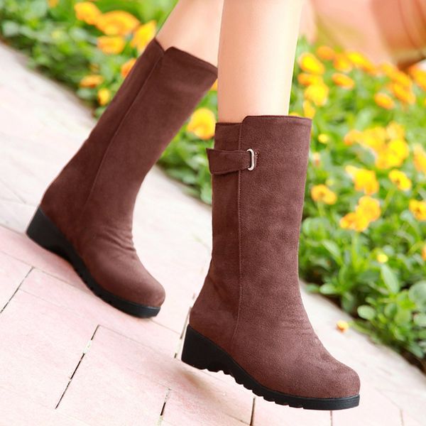 

retro snow boots women fashion platform boots slip on solid warm flock flat heels round toe ladies casual warm shoes botas mujer, Black