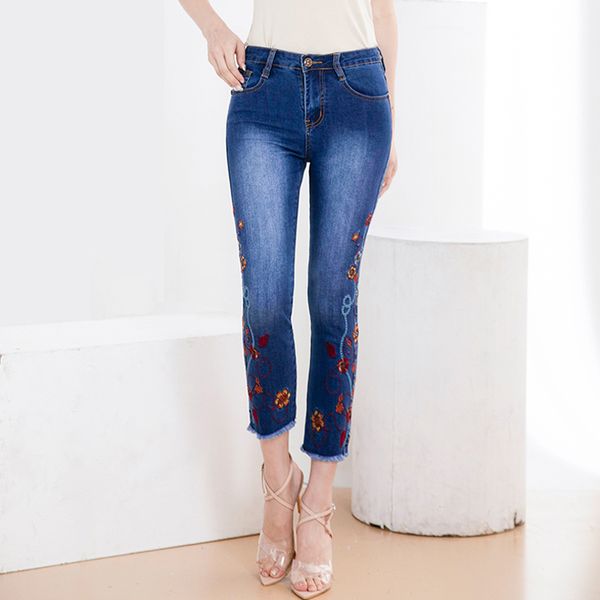

spring pants women 2019 elastic skinny high waist jeans femme harajuku embroidery flower plus size mom pants women, Blue