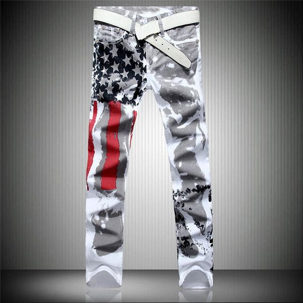 

mens designer jeans white american flag printing trousers high elastic fit casual stripe large boys pants, Blue