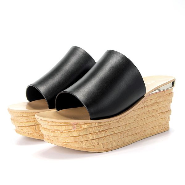 

fashion open toe outside wedges slippers women super high solid ladies platform slides summer casual shoes, Black