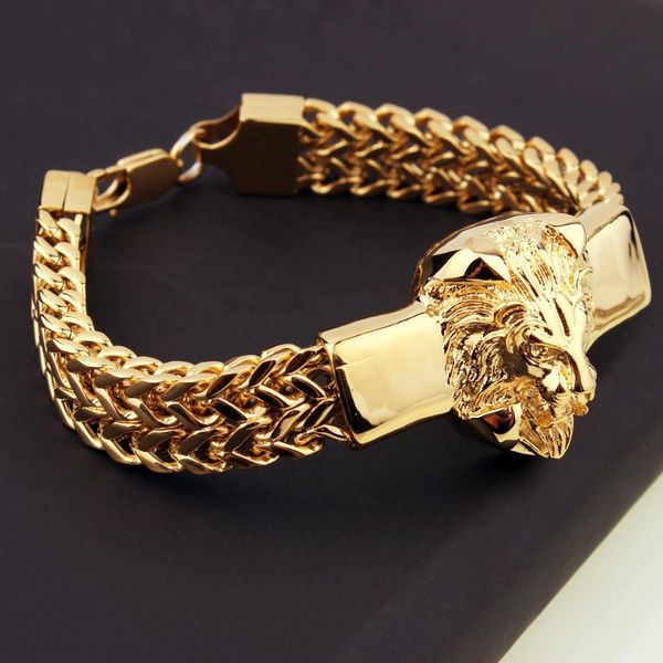 

punk jewelry figaro chain mens bracelet stainless steel silver/gold lion head bracelet mens cuff bracelet 8.66 inch, Golden;silver