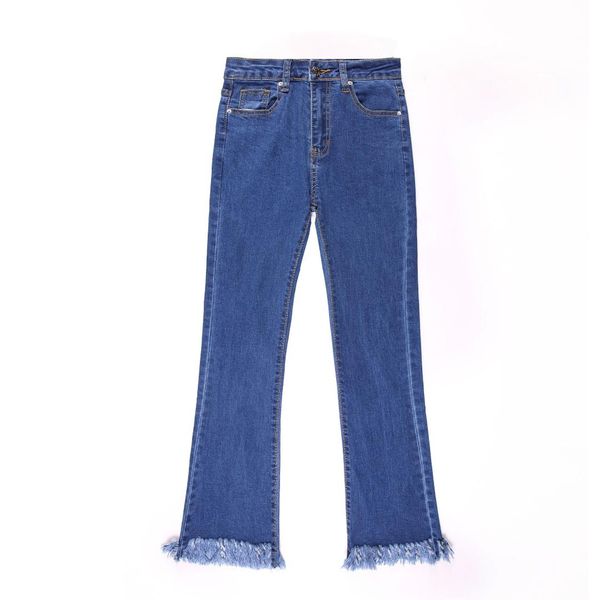 

2019 women denim flare pants skinny high waist stretch fringed bootleg nine points jeans black dark blue 8192