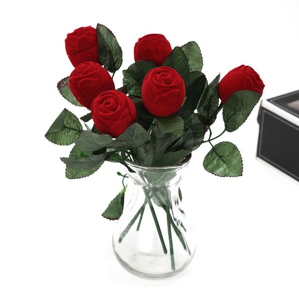 

creative romantic rose ring box flower flocking holder velvet box packing jewelry case for wedding propose engagement valentine