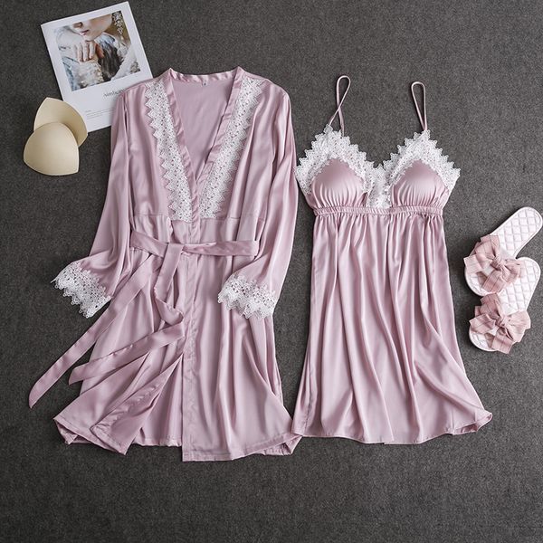 

lisacmvpne lace women robe set with belt bathrobe spaghetti strap chest pad nightdress+robe pyjama for women, Black;red