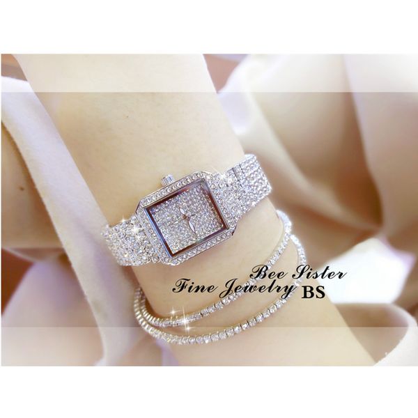 

new selling imported quartz movement ladies chain watch high-end custom full-water rhinestone female watch rectangular dial, Slivery;brown