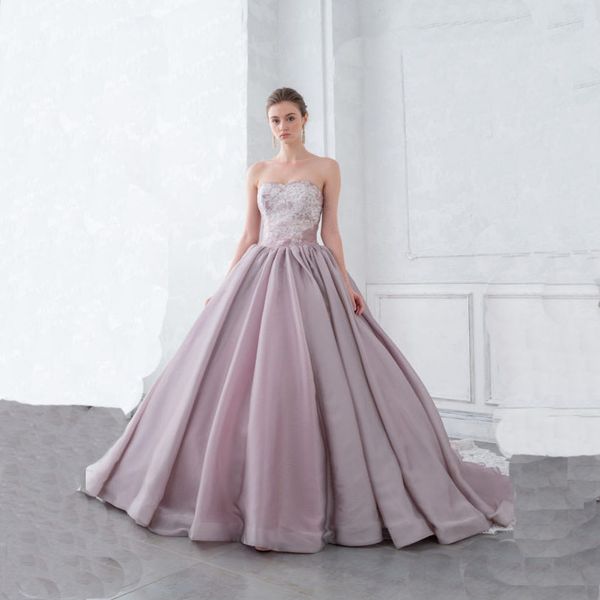 

2020 elegant strapless pink wedding dresses lace appliques strapless wedding dresses satin and tulle ball gown wedding dresses with big bow, White