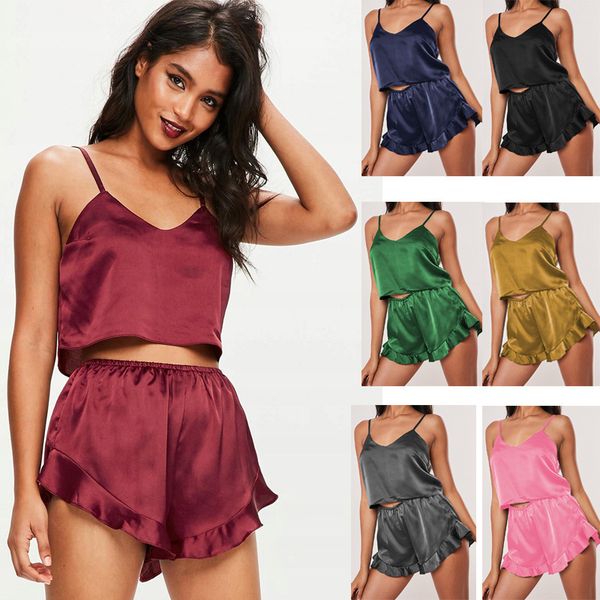 

women's summer solid satin strap pajamas set v neck sleepwear crop camis and ruffles shorts pajama suit mujer nightwear, Black;red