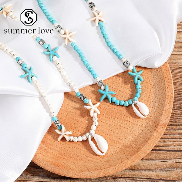

2020 trendy starfish shell pendant necklace green white nature stone chain necklace choker collar simple design jewelry for women-y, Silver