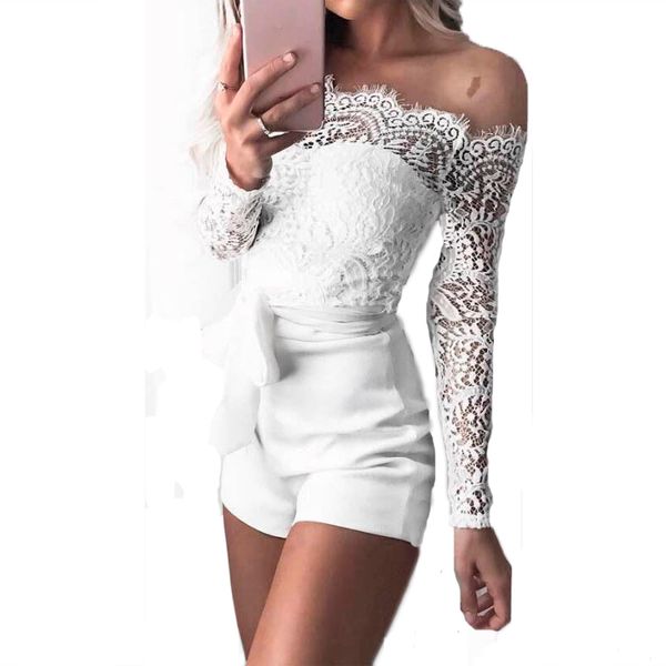 

brand women summer autumn off shoulder playsuits fashion long sleeve sheer lace patchwork hollow bandage skinny playsuits, Black;white
