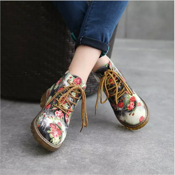 

fashion lace floral boots women's british style flat women's boots cloth spring and autumn non-slip wea, Black